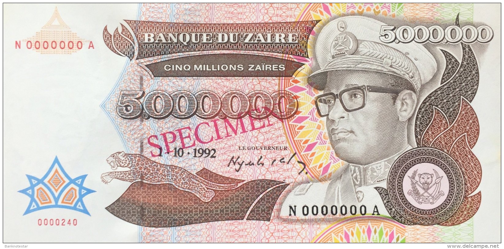 Zaire 5.000.000 Zaires, P-45s (1.10.92) - UNC - Specimen - Zaire