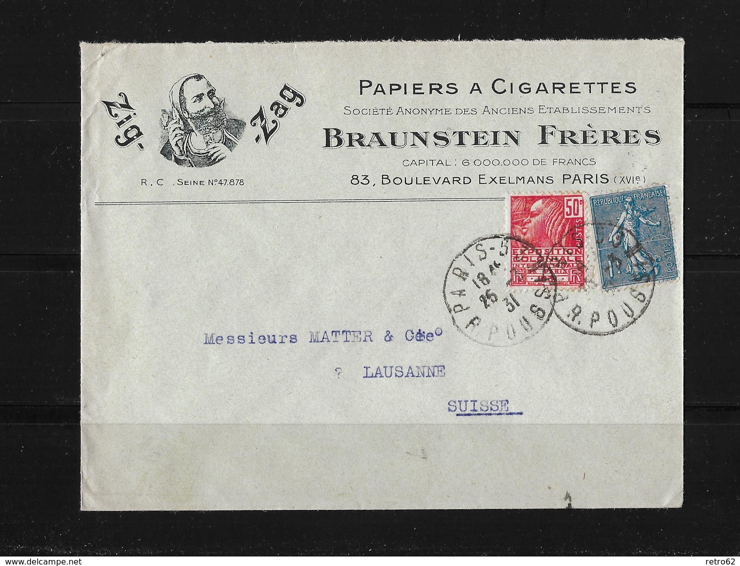 1931 Paris → Zig - Zag (Braunstein Frères) → Lettre à Lausanne En Suisse - Briefe U. Dokumente