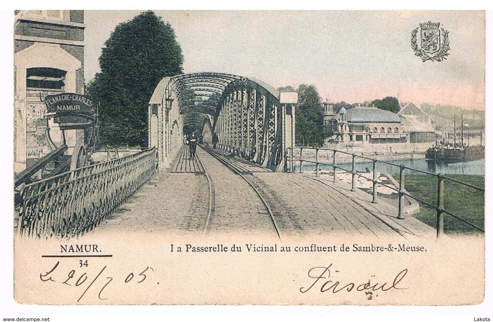 CPA Dos Non Divisé : NAMUR Passerelle Du Vicinal Au Confluent, Charrette Lanache Charles Près De L'école - Namur