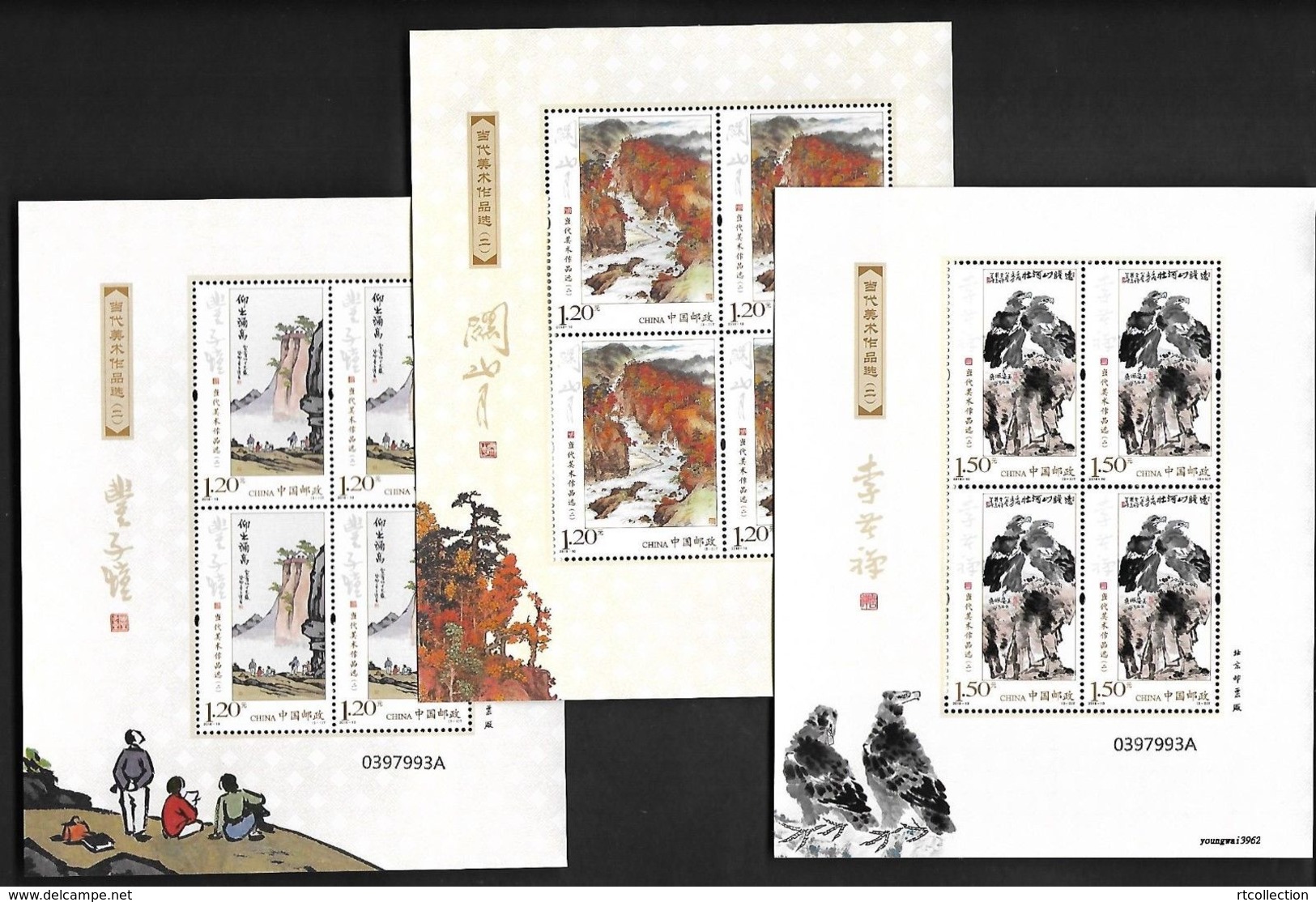 China 2018 - 3 M/S Paintings Chinese Contemporary Works Of Art II Mountain River Birds Of Prey Eagle Stamps MNH 2018-10 - Eagles & Birds Of Prey