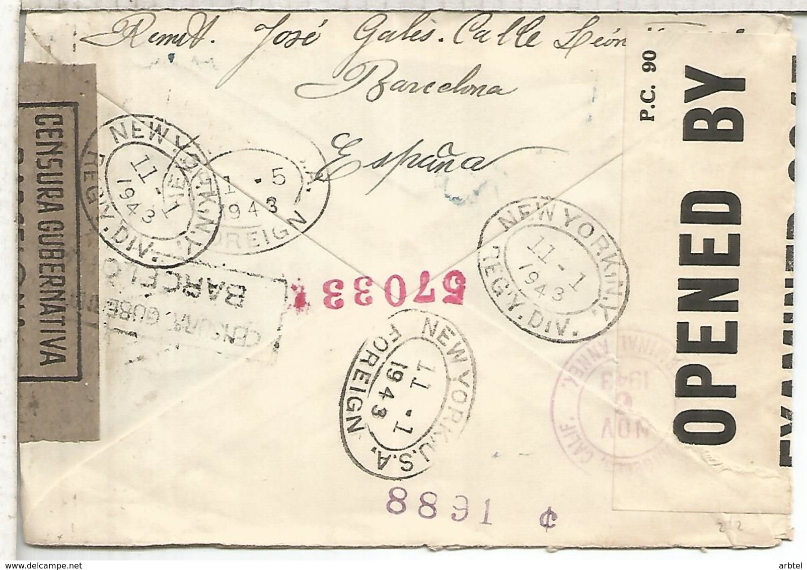 SPAIN BARCELONA CC CERTIFICADA AEREA A HOLLYWOOD 1943 CON DOBLE CENSURA MAT TRANSITOS Y LLEGADA - Lettres & Documents