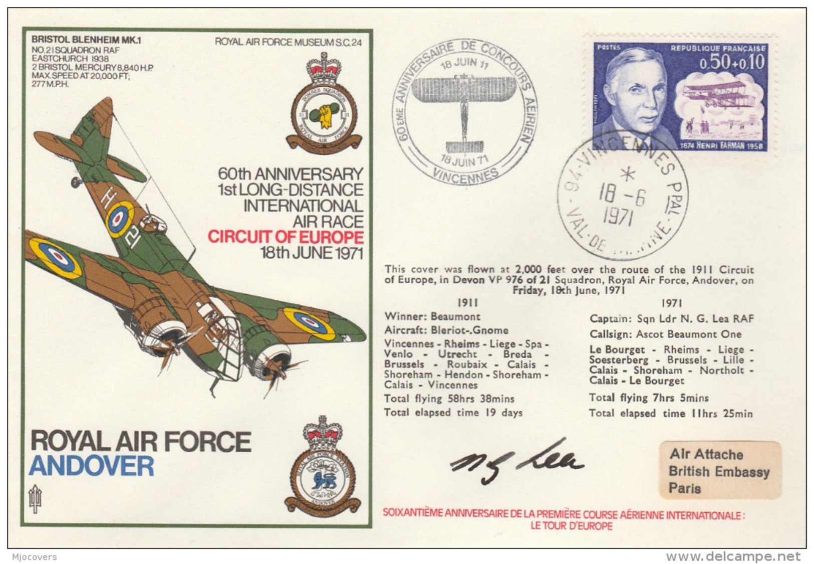 1971 SIGNED Special FLIGHT COVER FRANCE Air Race Anniv AVIATOR Henri Farman Stamps Aviation - Airplanes