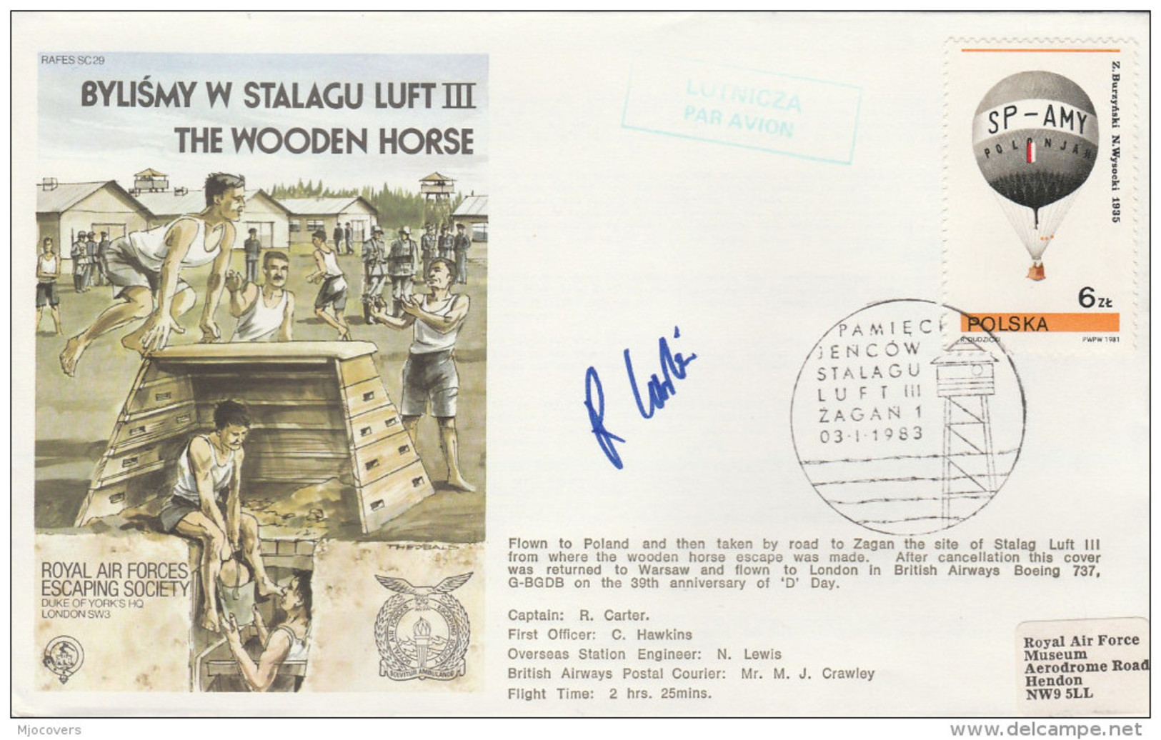 1983  D DAY Anniv SIGNED FLIGHT COVER POLAND Via ZAGAN  WWII  Stalag Luft III POW CAMP  To GB,  Aviation Stamps - WW2