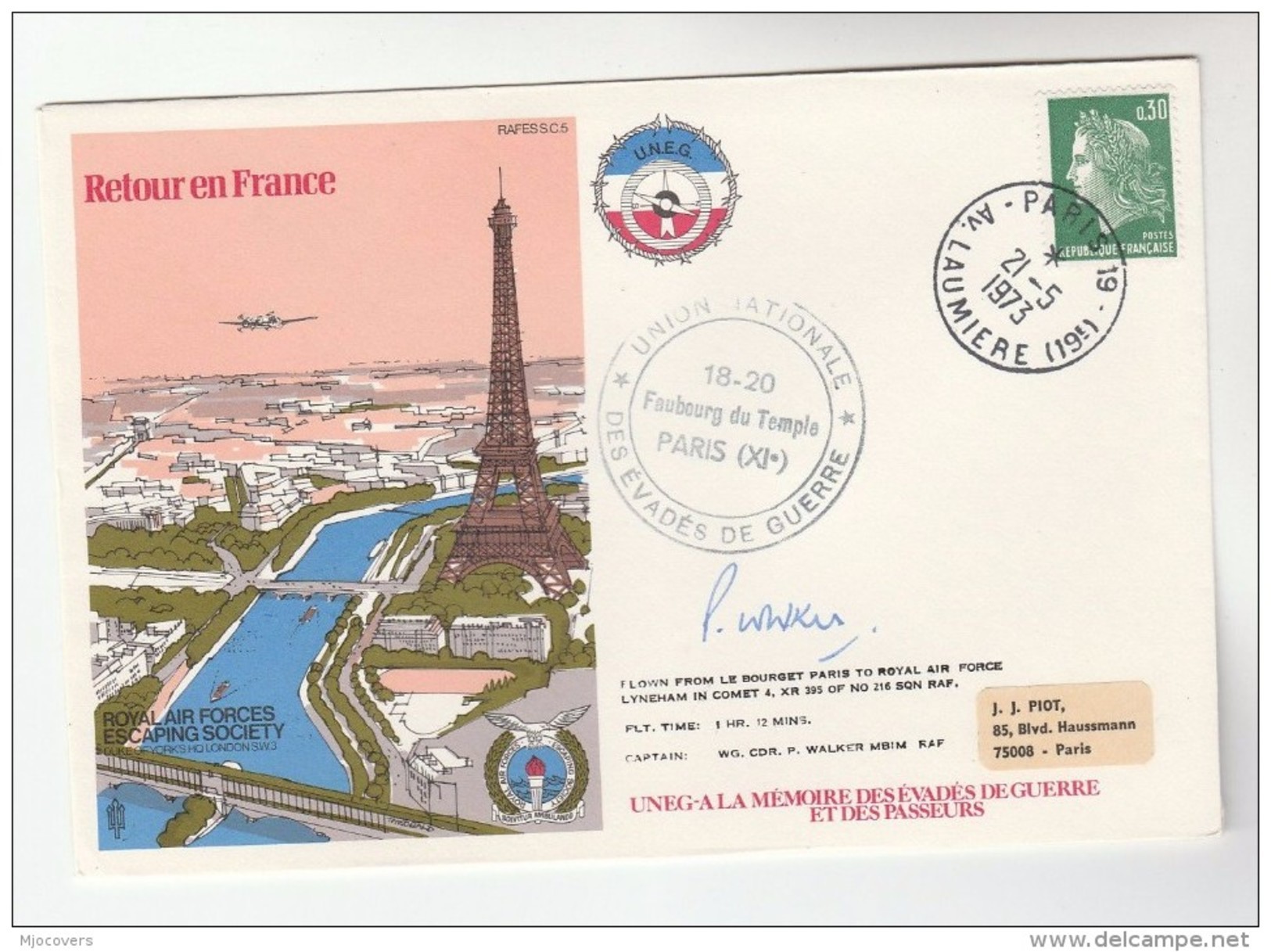 1973 FRANCE WWII ANNIV Special SIGNED FLIGHT COVER COMET 4 XR Paris To RAF LYNEHAM GB Illus EIFFEL TOWER Aviation Stamps - Covers & Documents