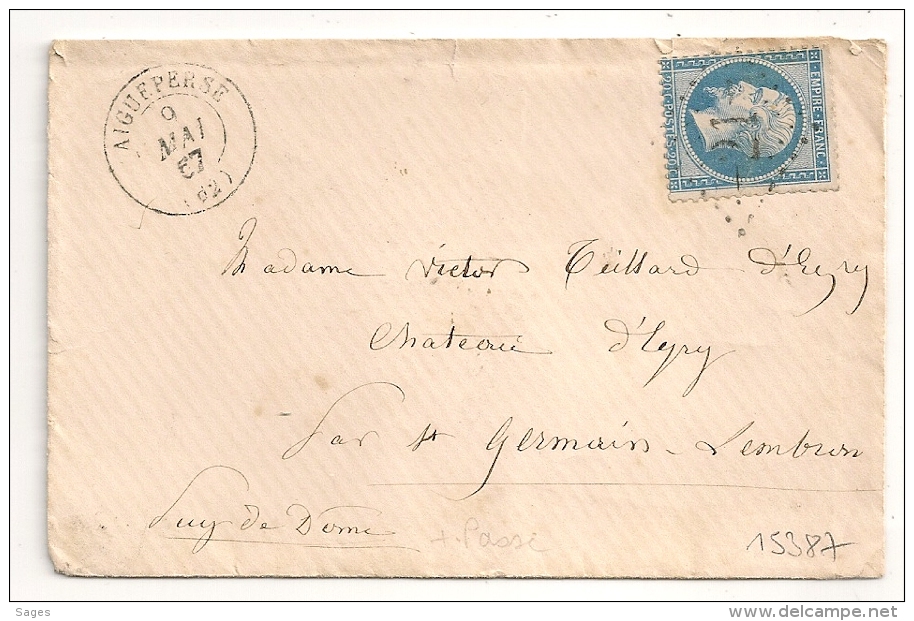 GC 21 AIGUEPERSE Puy De Dome Pour St Germain Lembron. PASSE 2565 Au Verso. - 1849-1876: Période Classique