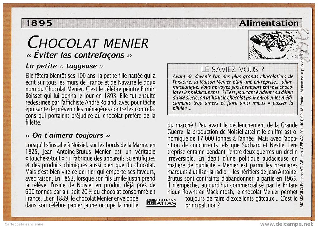 Cppub 178 Affiche Firmin BOUISSET 1895 Chocolat MENIER Eviter Les Contrefaçons Petite Taggeuse REPRODUCTION ATLAS 1992 - Publicité