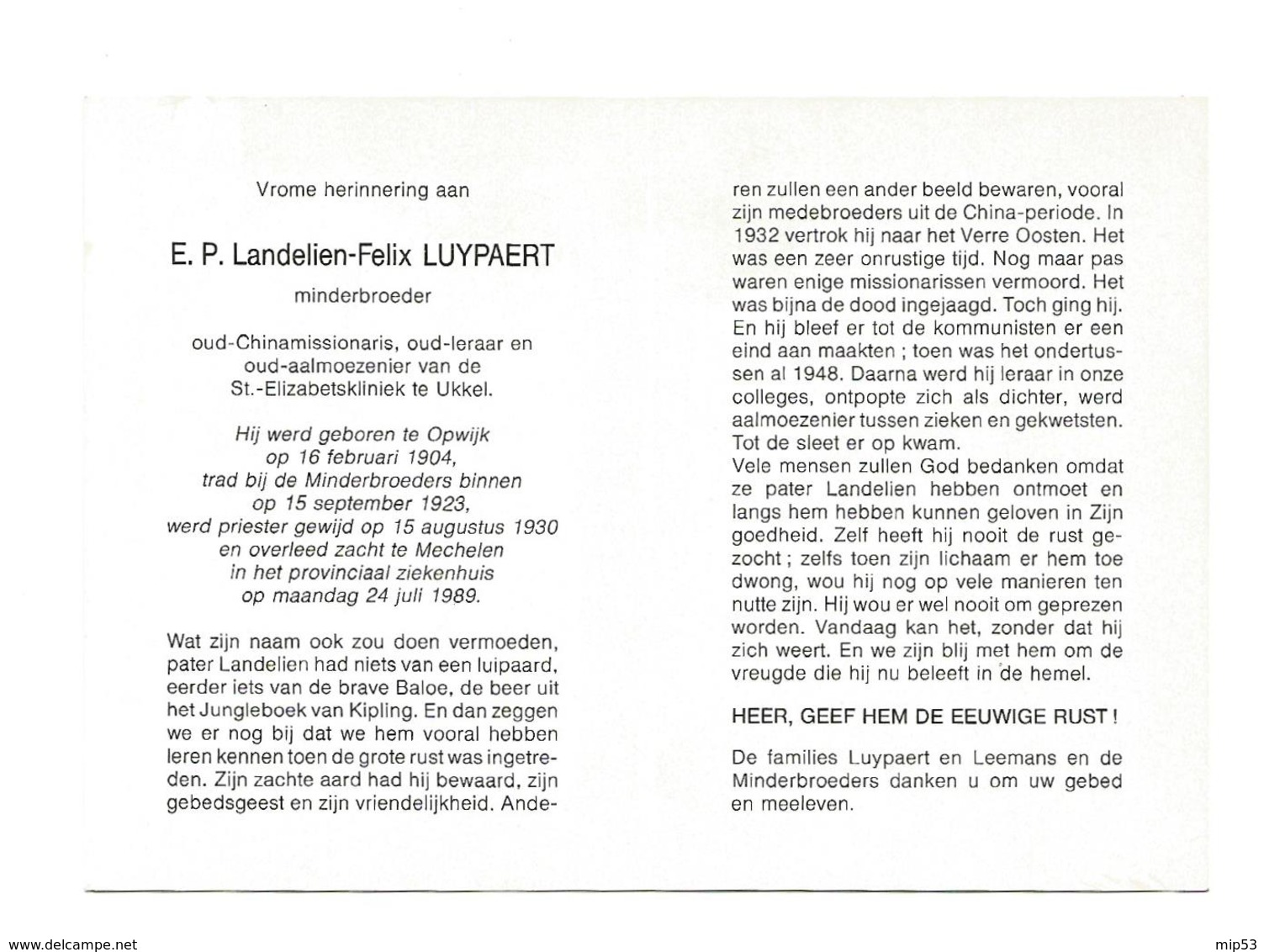 P 580. E.P. LUYPAERT - Minderbr. - Oud-Chinamissionaris/Oud-leraar E N Aalmoezenier UKKEL -°OPWIJK 1904 / +MECHELEN 1989 - Images Religieuses