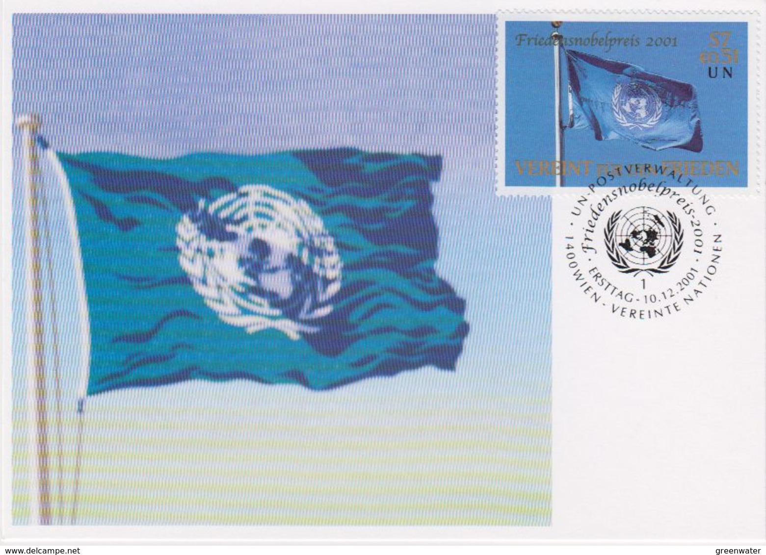 United Nations Vienna 2001 Friedensnobelpreis/ UNO Flag 1v Maximum Card (40127) - Maximumkaarten