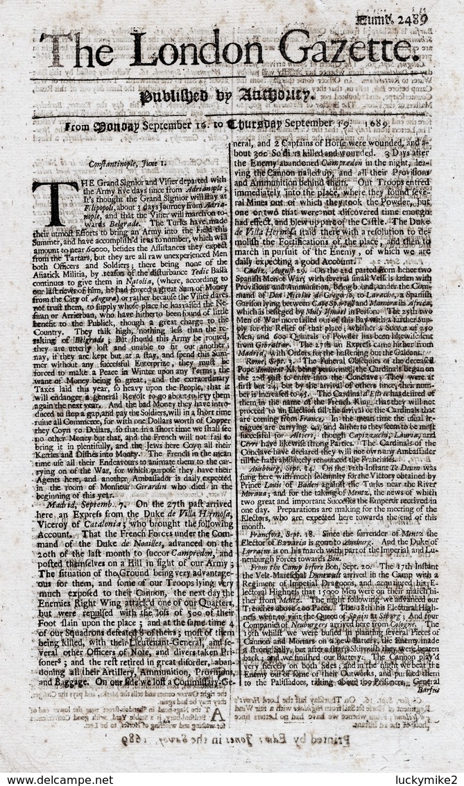 1689 London Gazette, Number 2489,  An Early, Single Sheet Newspaper - More Than 325 Years Old!  Ref 0575 - Historical Documents