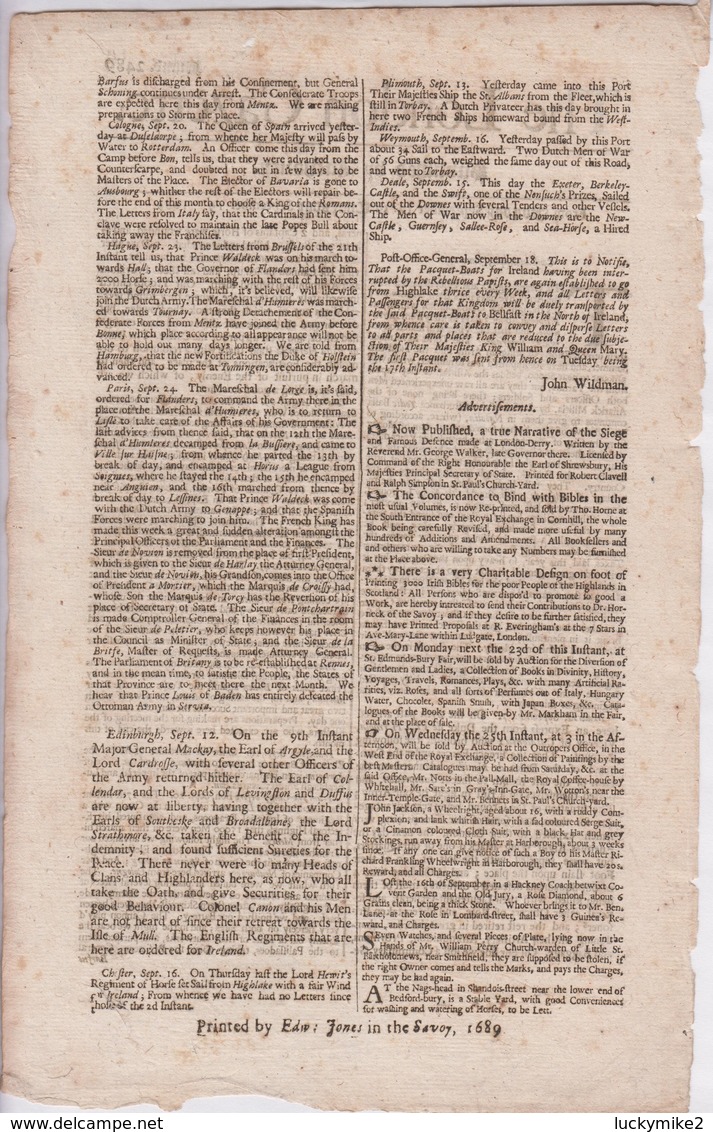 1689 London Gazette, Number 2489,  An Early, Single Sheet Newspaper - More Than 325 Years Old!  Ref 0575 - Historical Documents