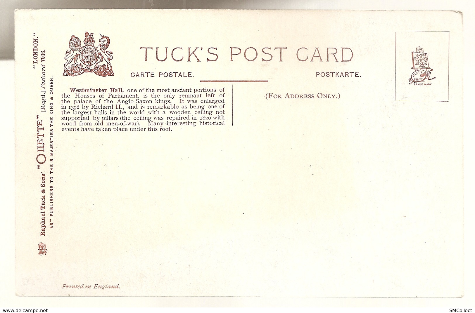 Tuck Raphaël. London Westminster Hall. Oilette "London" N° 7036 (A4p50) - Tuck, Raphael