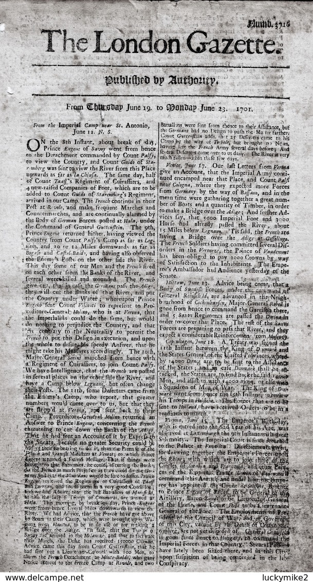 1701 London Gazette, Number 3716,  An Early, Single Sheet Newspaper - Over 300 Years Old!  Ref 0576 - Historical Documents