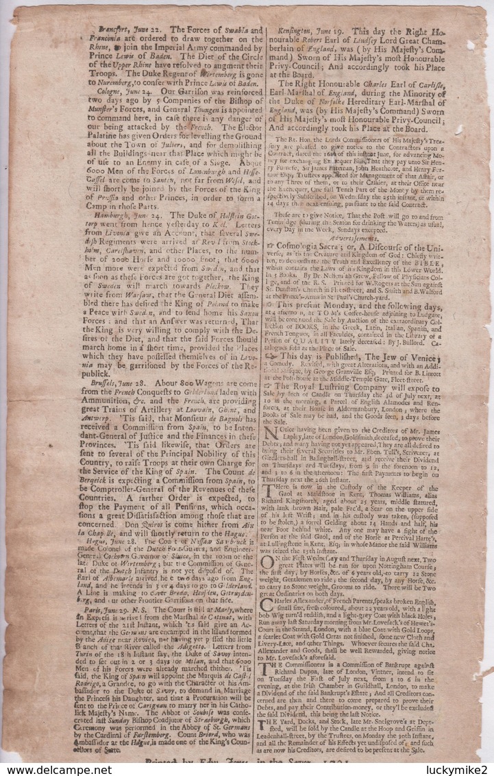 1701 London Gazette, Number 3716,  An Early, Single Sheet Newspaper - Over 300 Years Old!  Ref 0576 - Historical Documents