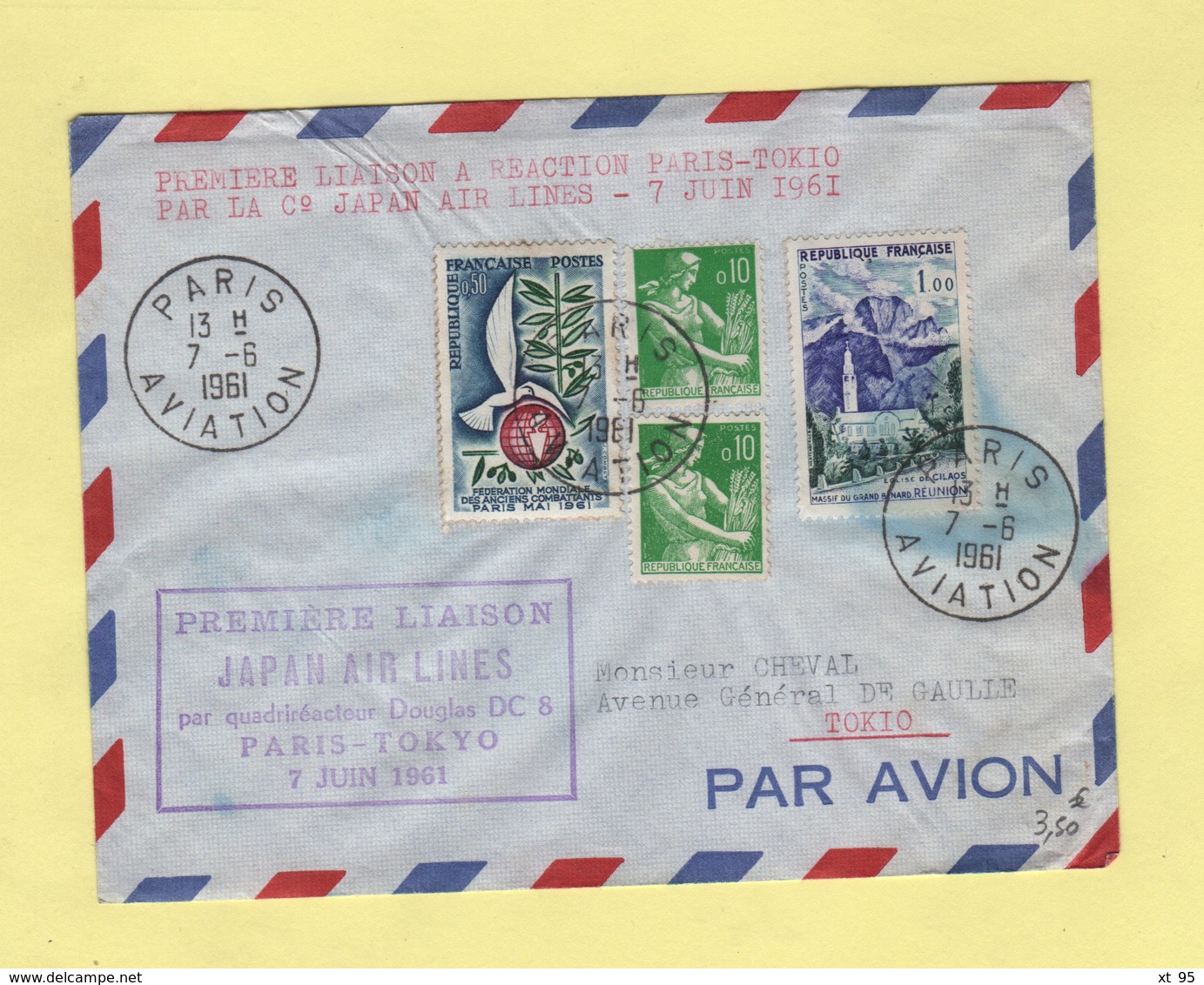 Premiere Liaison Japan Air Lines - Paris Tokyo - 7 Juin 1961 - 1960-.... Cartas & Documentos