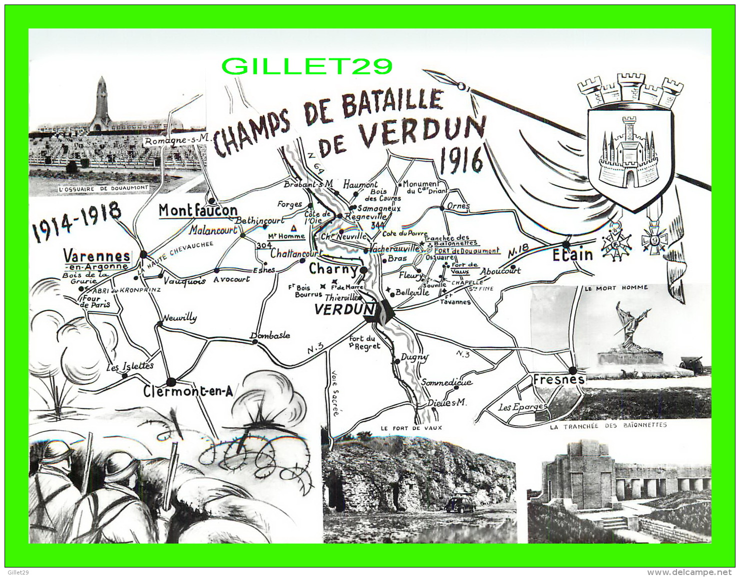 MILITARIA - CHAMPS DE BATAILLES DE VERDUN 1916 ( 55 ) - 7 MULTIVUES - CARTE GÉOGRAPHIQUE - COMBIER IMP. MACON - - Monuments Aux Morts