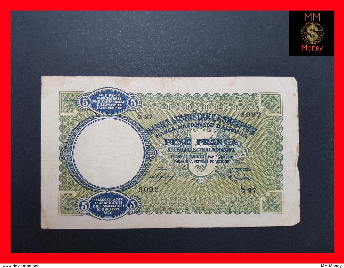 Albania  5 Franga 1939 P. 6 A  VF - Albania