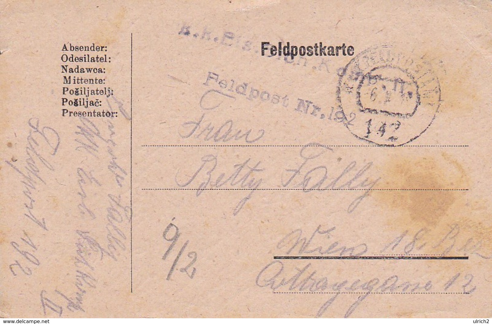 Feldpostkarte - K.k. Eis. Sich. Komp. II - Feldpost Nr. 192 - 1918 (36063) - Briefe U. Dokumente