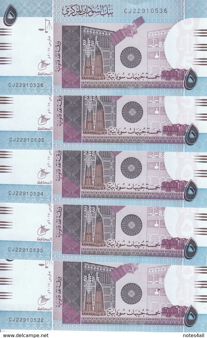 SUDAN 5 POUNDS March 2017 P-72 REPLACEMENT CJ LOT X5 UNC NOTES */* - Soudan