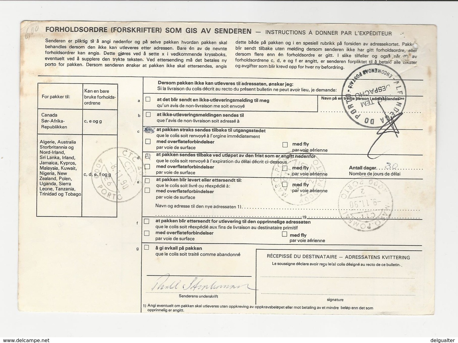 Bulletin D'Expedition * Norway * 1990 * Espeland To Porto (Portugal) - Parcel Post