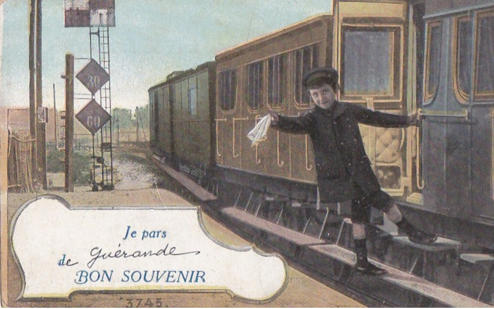 44 CPA Aqua PHOTO Couleur  BON SOUVENIR  Jeune Garçon  DEPART Du TRAIN De GUERANDE Au Revoir - Guérande