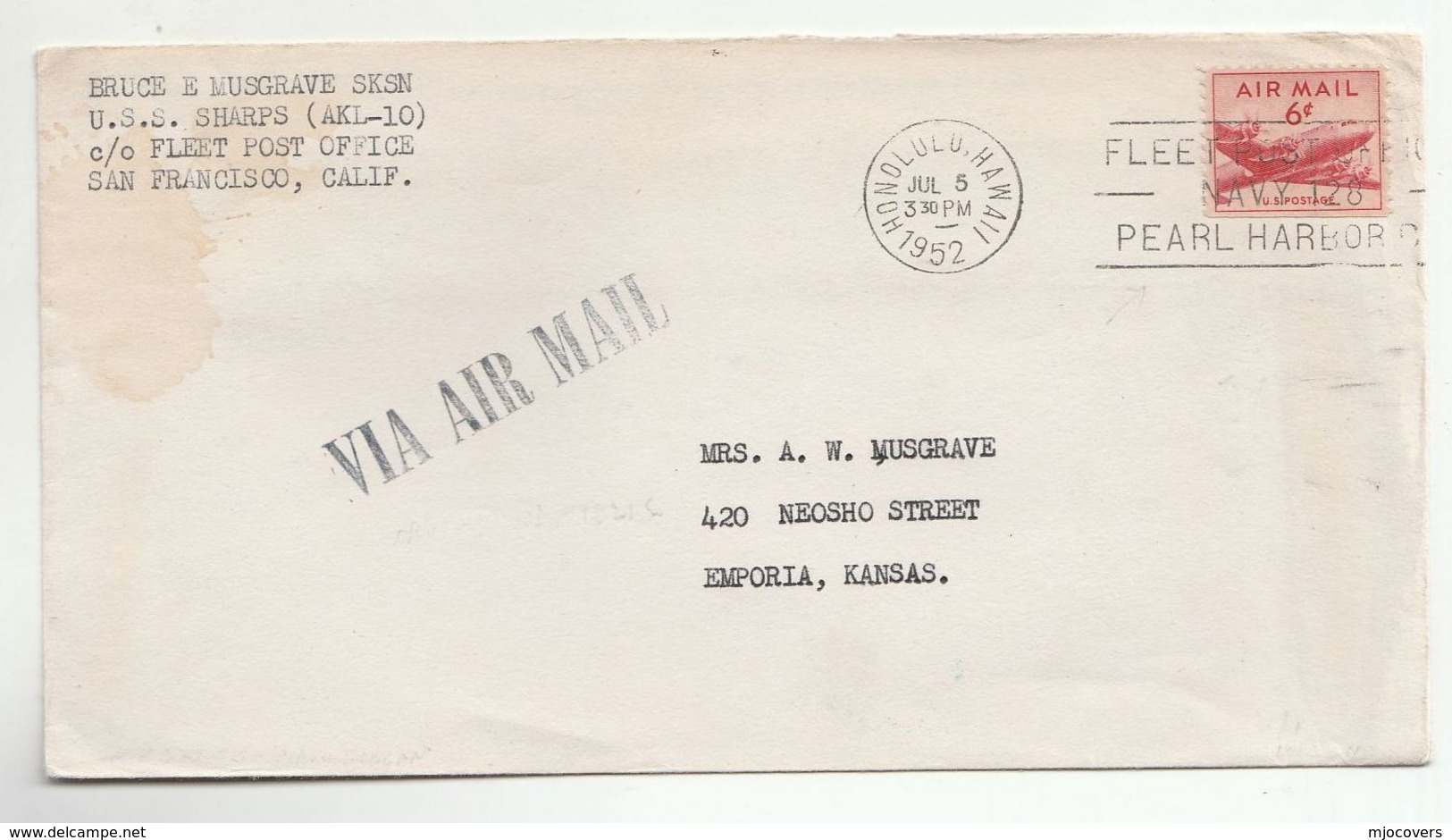 1952 USS SHARPS AKL-10 At PEARL HARBOR Navy SHIP COVER Honolulu FLEET POST NAVY 128 Pmk  USA Stamps - Ships