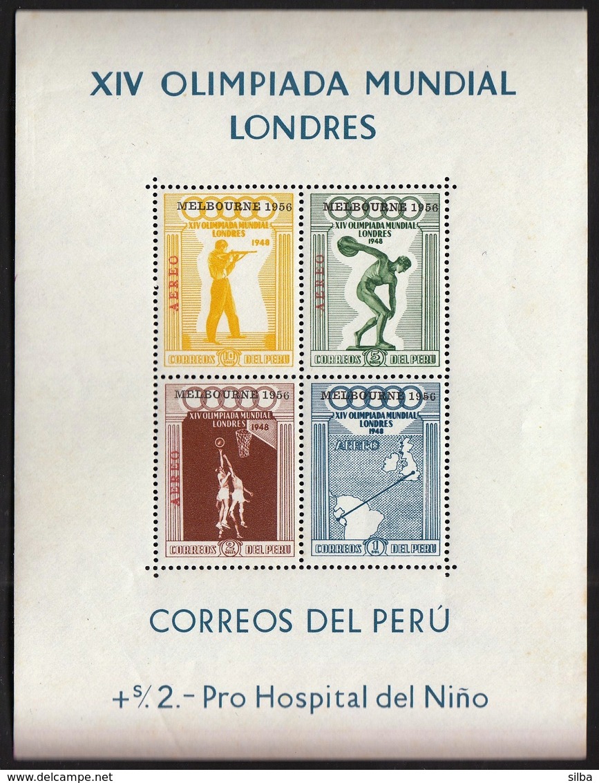 Peru / Olympic Games Melbourne 1956 / Shooting, Athletics, Basketball / Mi Bl 2 / MNH - Sommer 1956: Melbourne