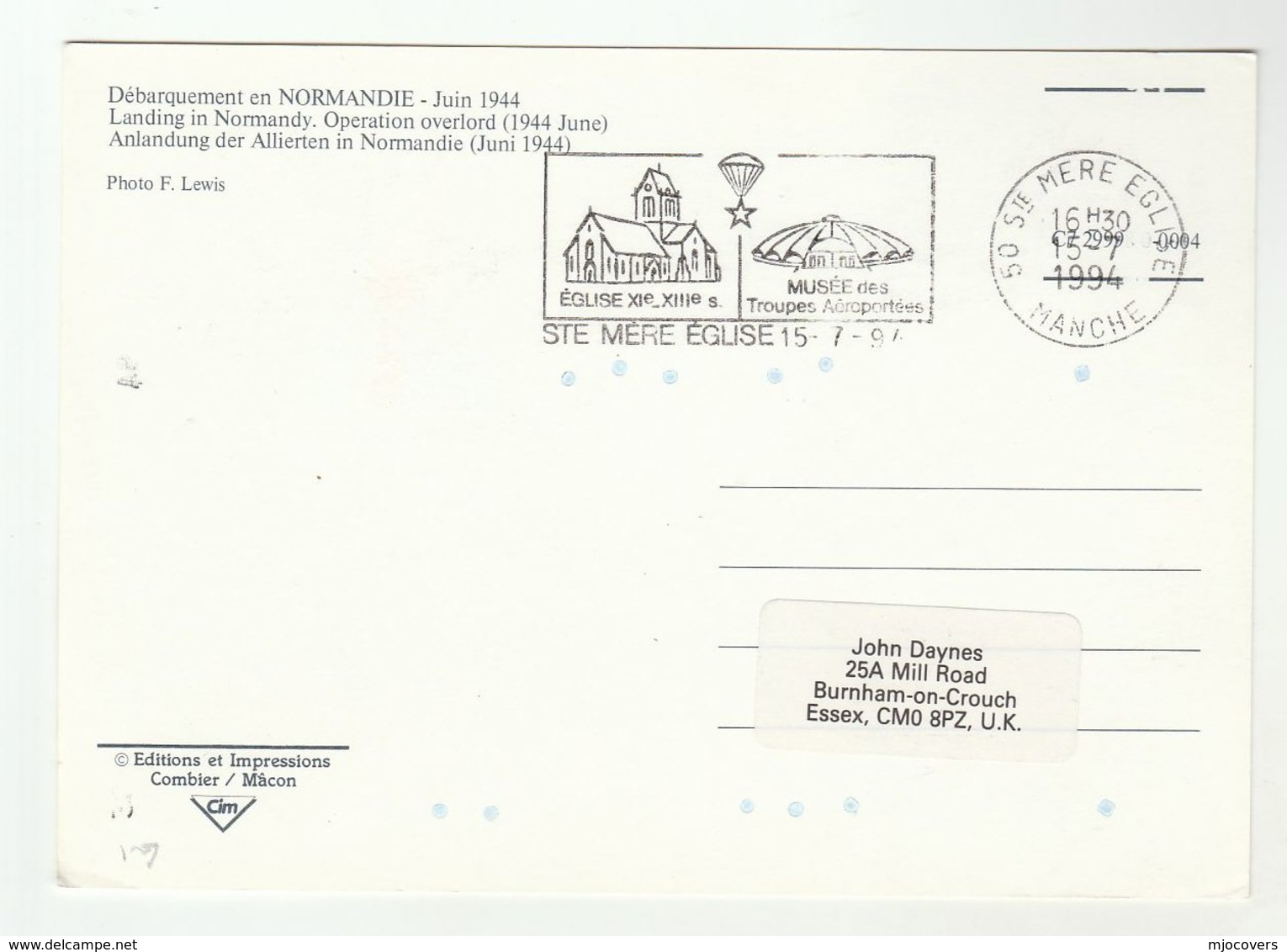 1994  France FDC D DAY Card PARATROOP MUSEUM ST MERE EGLISE Slogan Wwii Parachuting Parachute Stamps - Parachutting