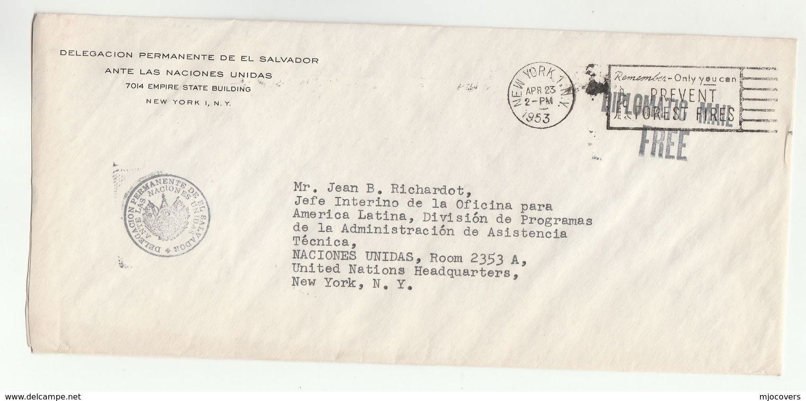 1953 EL SALVADOR At UN - 'PERMANENT DELEGATION OF EL SALVADOR  TO UNITED NATIONS' COVER Usa DIPLOMATIC MAIL FREE - El Salvador