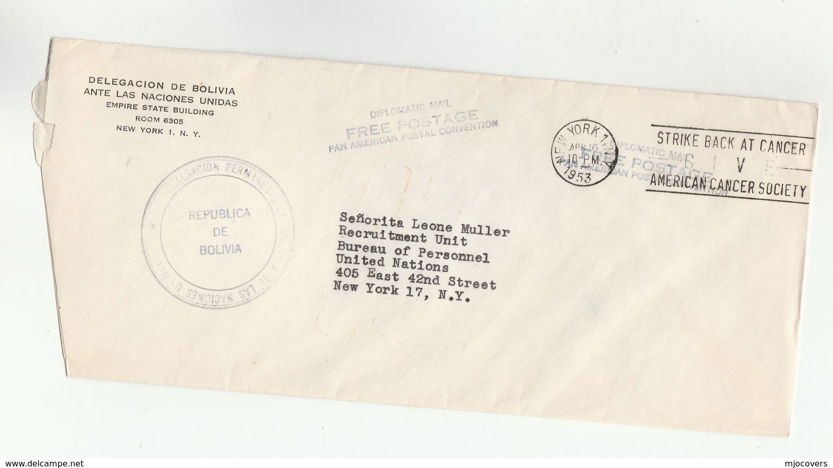 1953 BOLIVIA At UN - DELEGATION OF BOLIVIA TO UNITED NATIONS COVER Usa DIPLOMATIC POST FREE PANAMERICAN POST CONVENTION - Bolivia