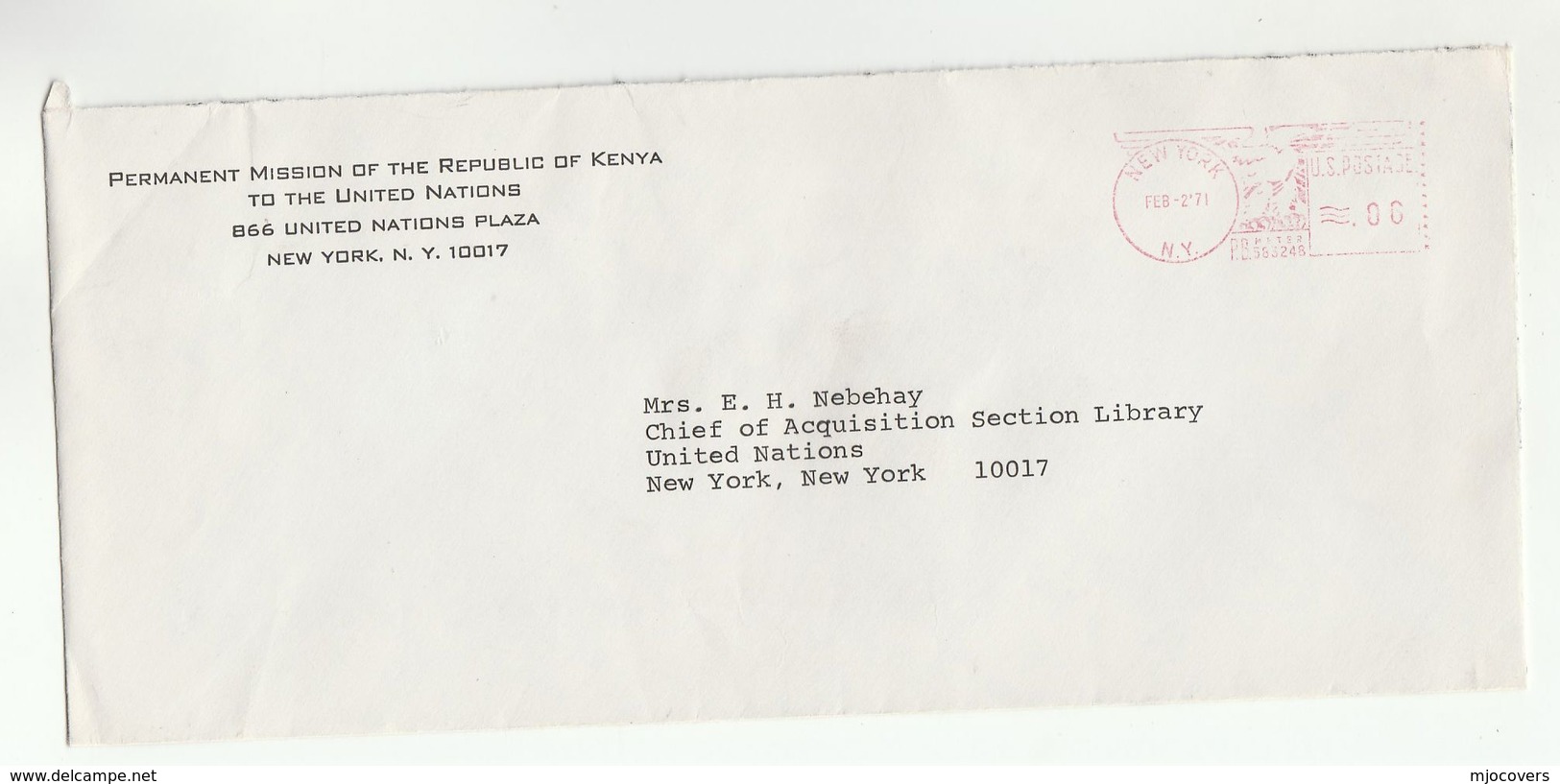 1971 KENYA At UN - 'PERMANENT MISSION OF REPUBLIC OF KENYA TO UNITED NATIONS' COVER Usa Meter Stamps Diplomatic - Kenya (1963-...)