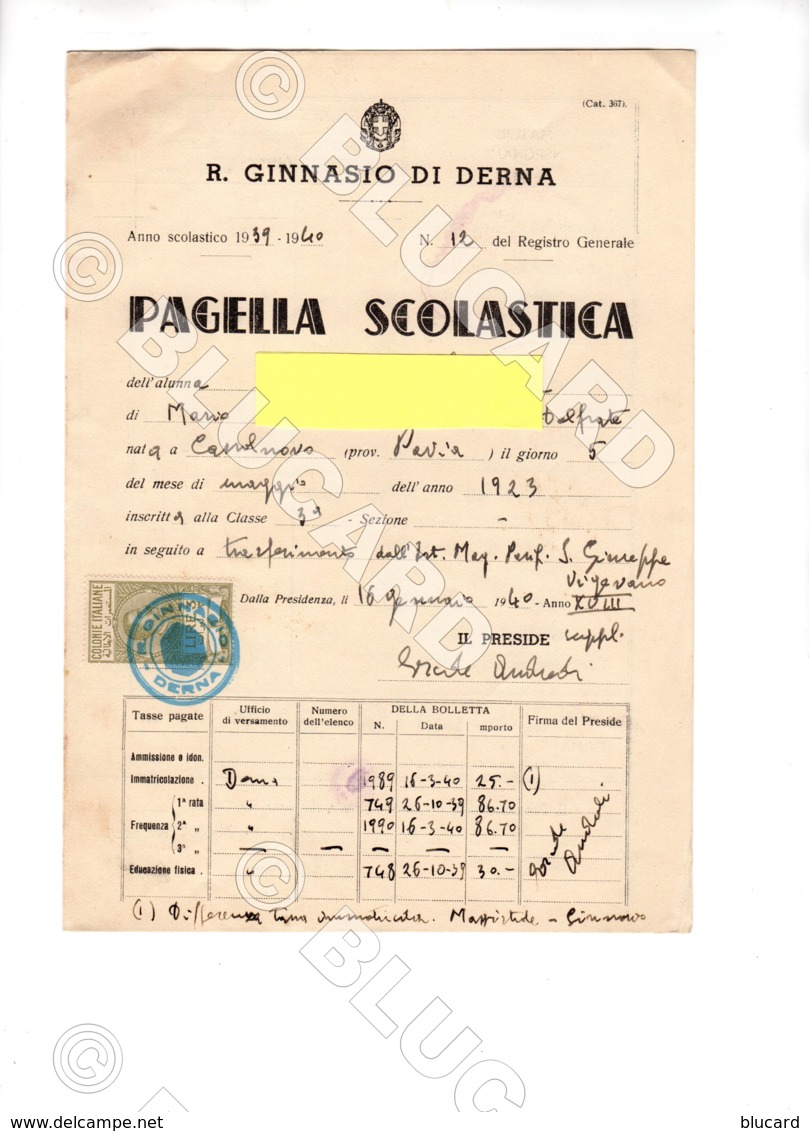 28730 PAGELLA SCOLASTICA SCUOLA 1940 AFRICA LIBIA DERNA COLONIE PAVIA VIGEVANO CASSOLNOVO SCHOOL REPORT CARD - Diplomi E Pagelle