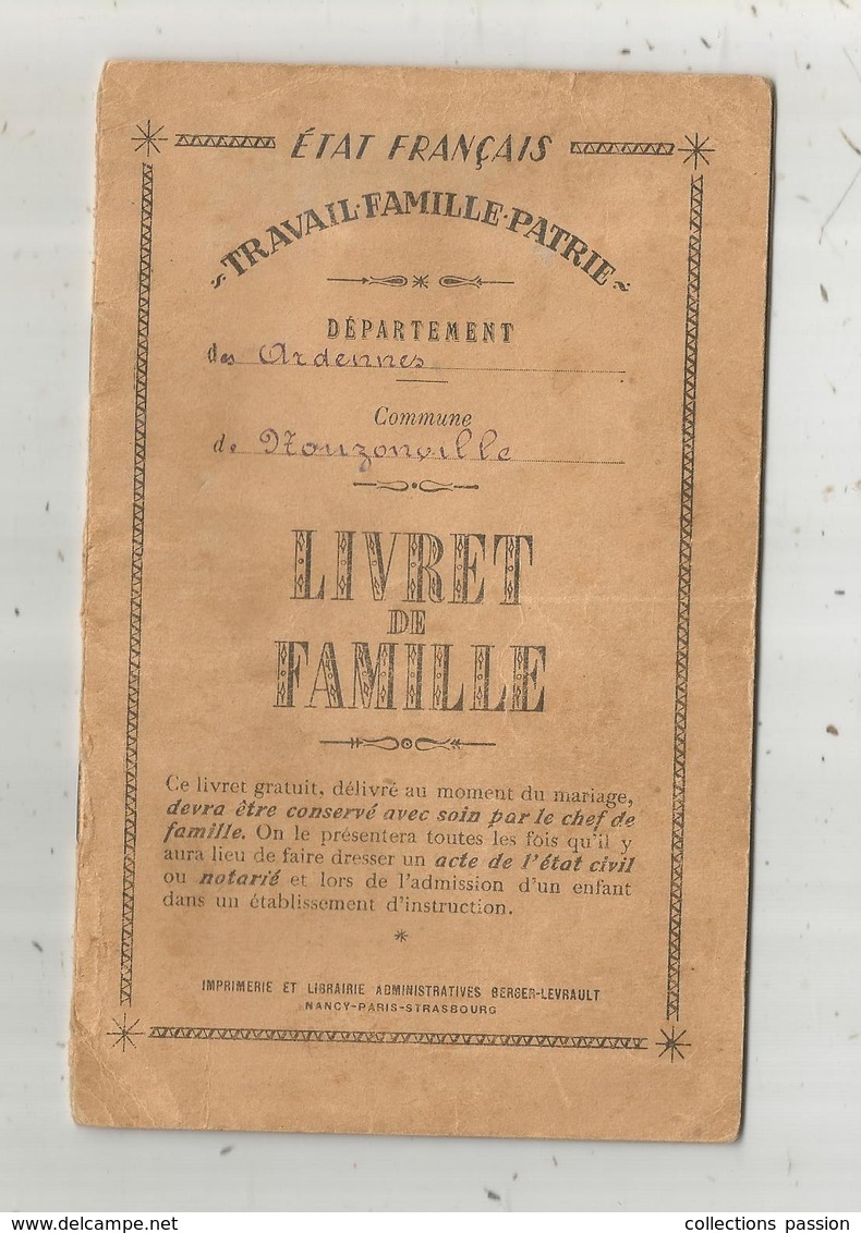 Livret De Famille ,  Ardennes , Commune De NOUZONVILLE , Mariage1943 , 2 Scans ,frais Fr 1.75 E - Non Classés