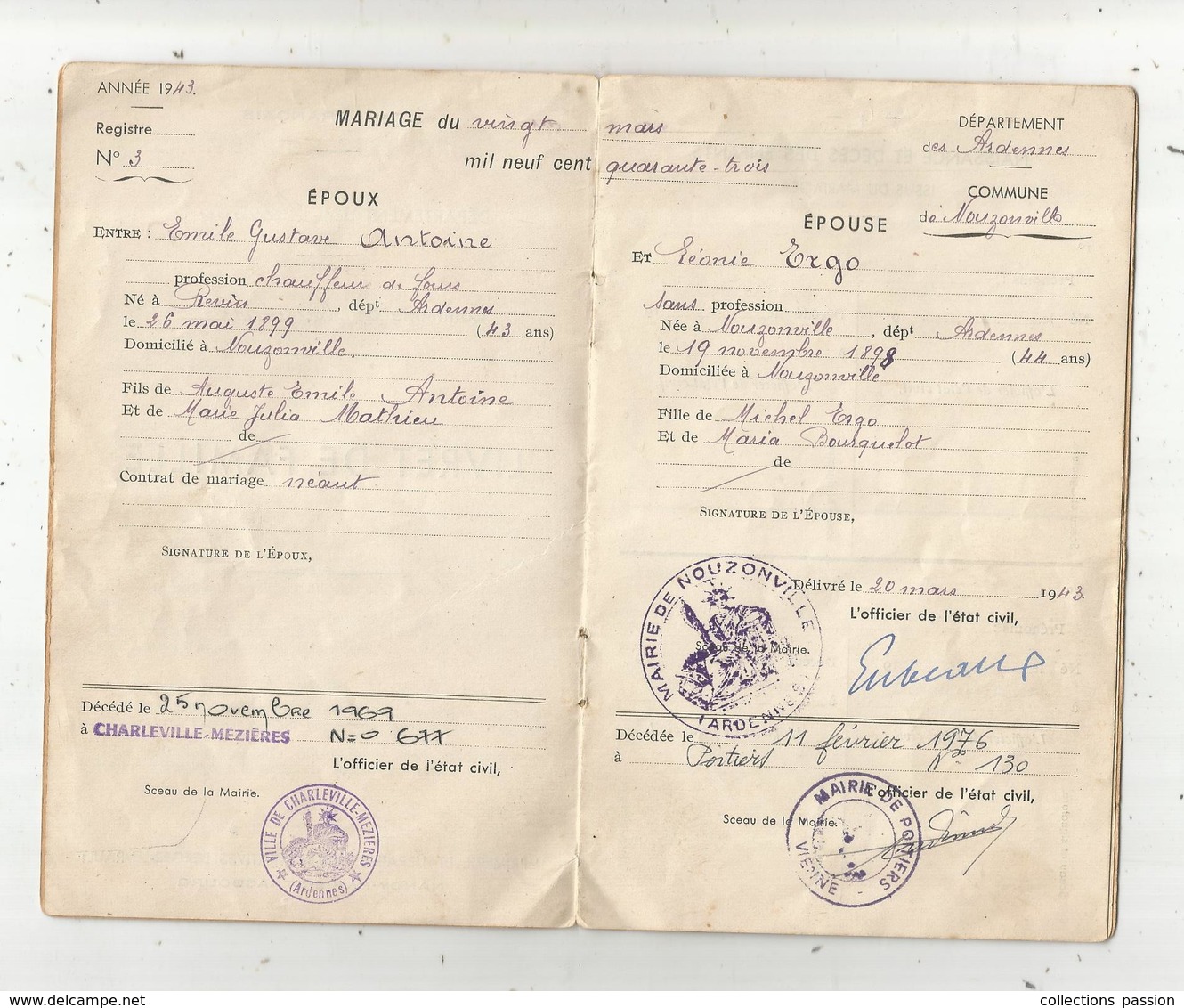 Livret De Famille ,  Ardennes , Commune De NOUZONVILLE , Mariage1943 , 2 Scans ,frais Fr 1.75 E - Non Classés