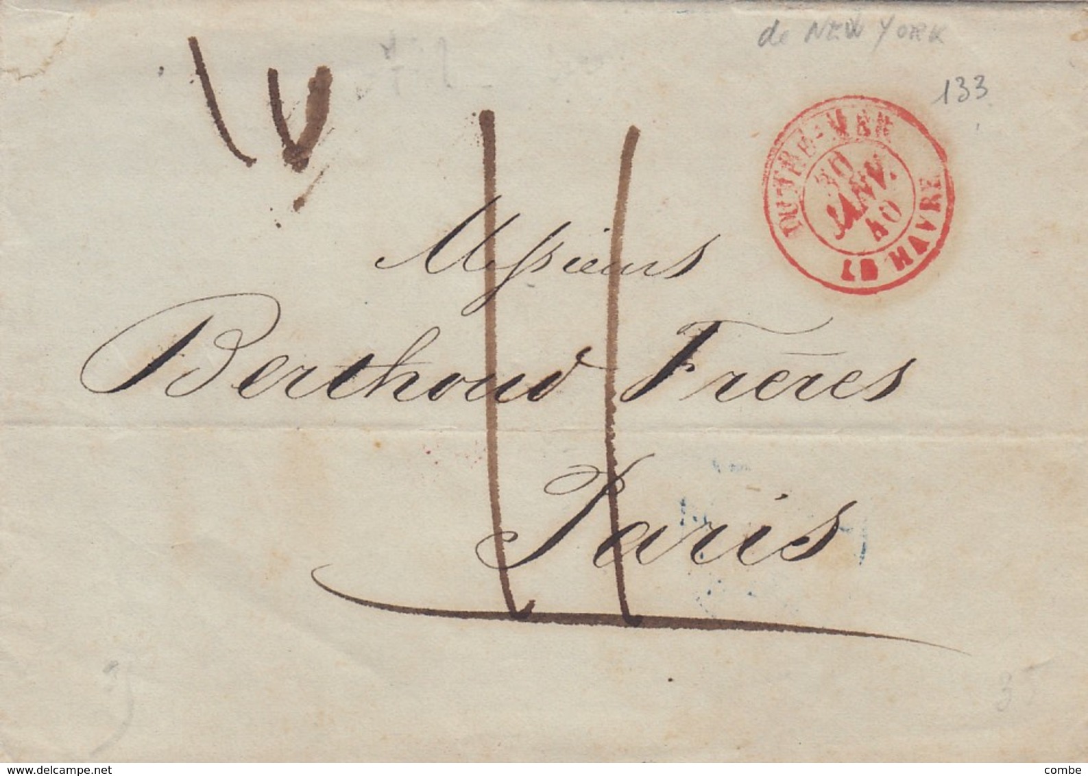 LETTER. 30 JANV 1840. NEW-YORK TO PARIS. RED ENTRY OUTRE-MER LE HAVRE - …-1845 Prephilately