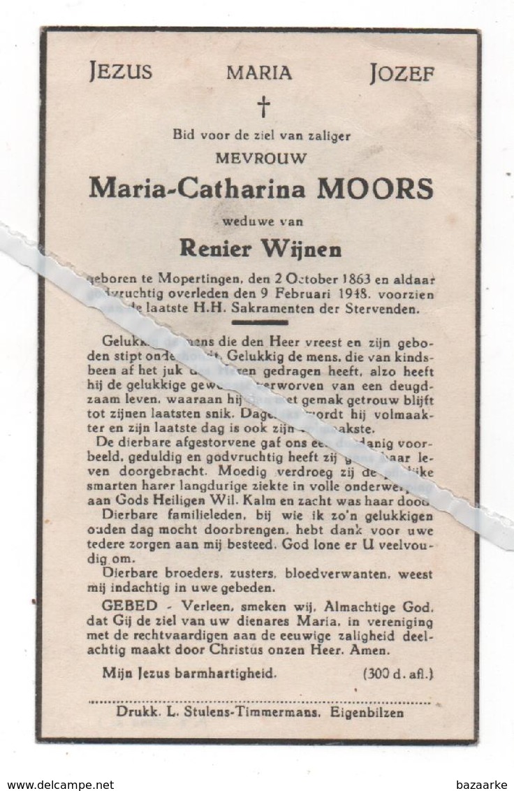 MARIA - CATHARINA MOORS ° MOPERTINGEN 1863 + 1948  / RENIER WIJNEN - Devotieprenten