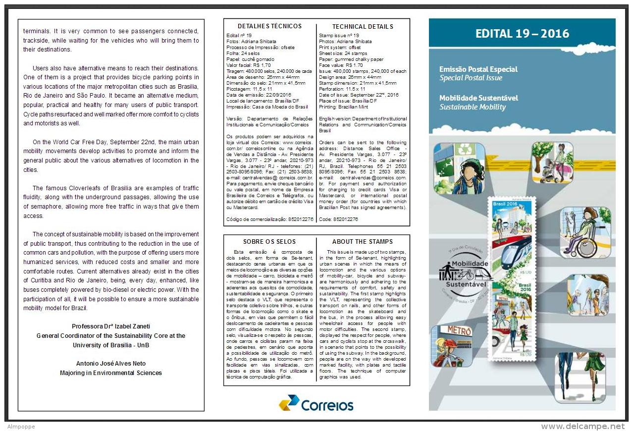 Ref. BR-V2016-20+E BRAZIL 2016 ENVIRONMENT, SUSTAINABLE MOBILITY,, BIKE, TRAIN, HANDICAPPED, SET MNH 2V - Handicaps