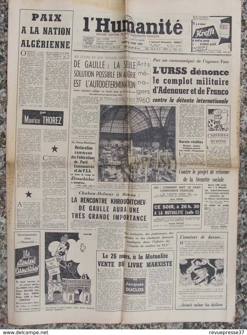 Journal L'Humanité (26 Fév 1960) Paix Algérie - Arts Ménagers - Réforme Sécurité Sociale - - 1950 à Nos Jours