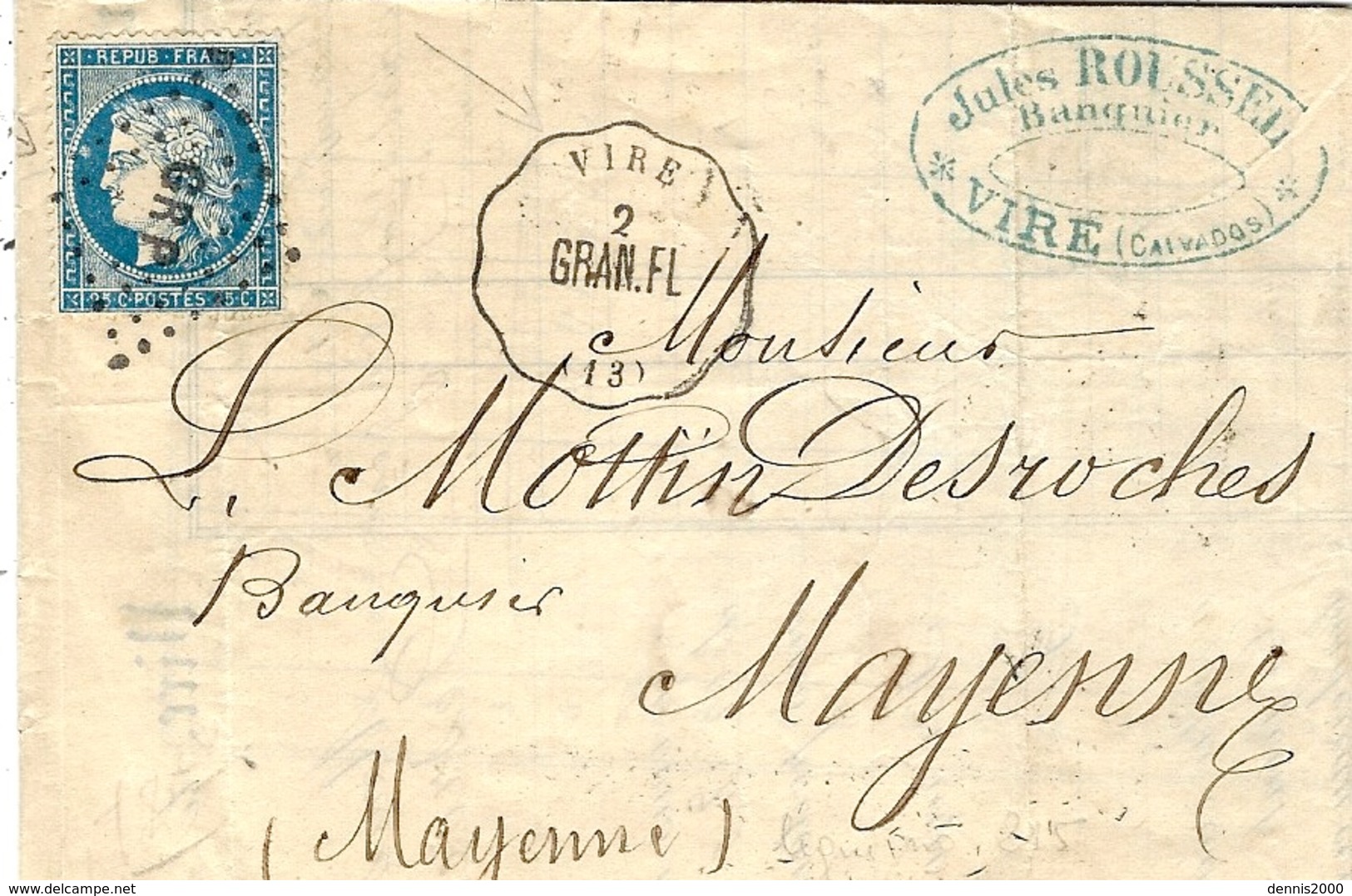 1872 -enveloppe  Cad CONV. STAT. De VIRE  GRAN.FL. Affr. N° 60 Oblat. Los. GR P - 1849-1876: Période Classique