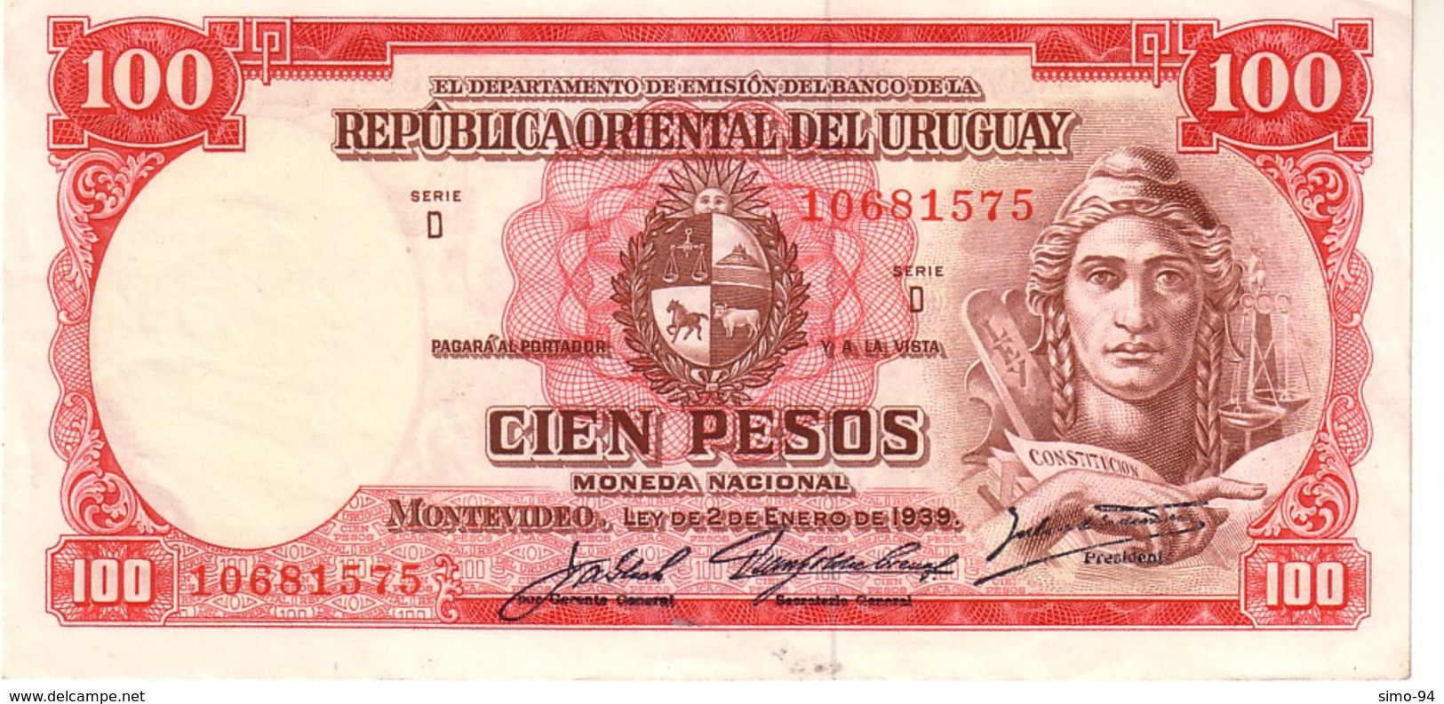 Uruguay P.43 100 Pesos 1939 A-unc - Uruguay