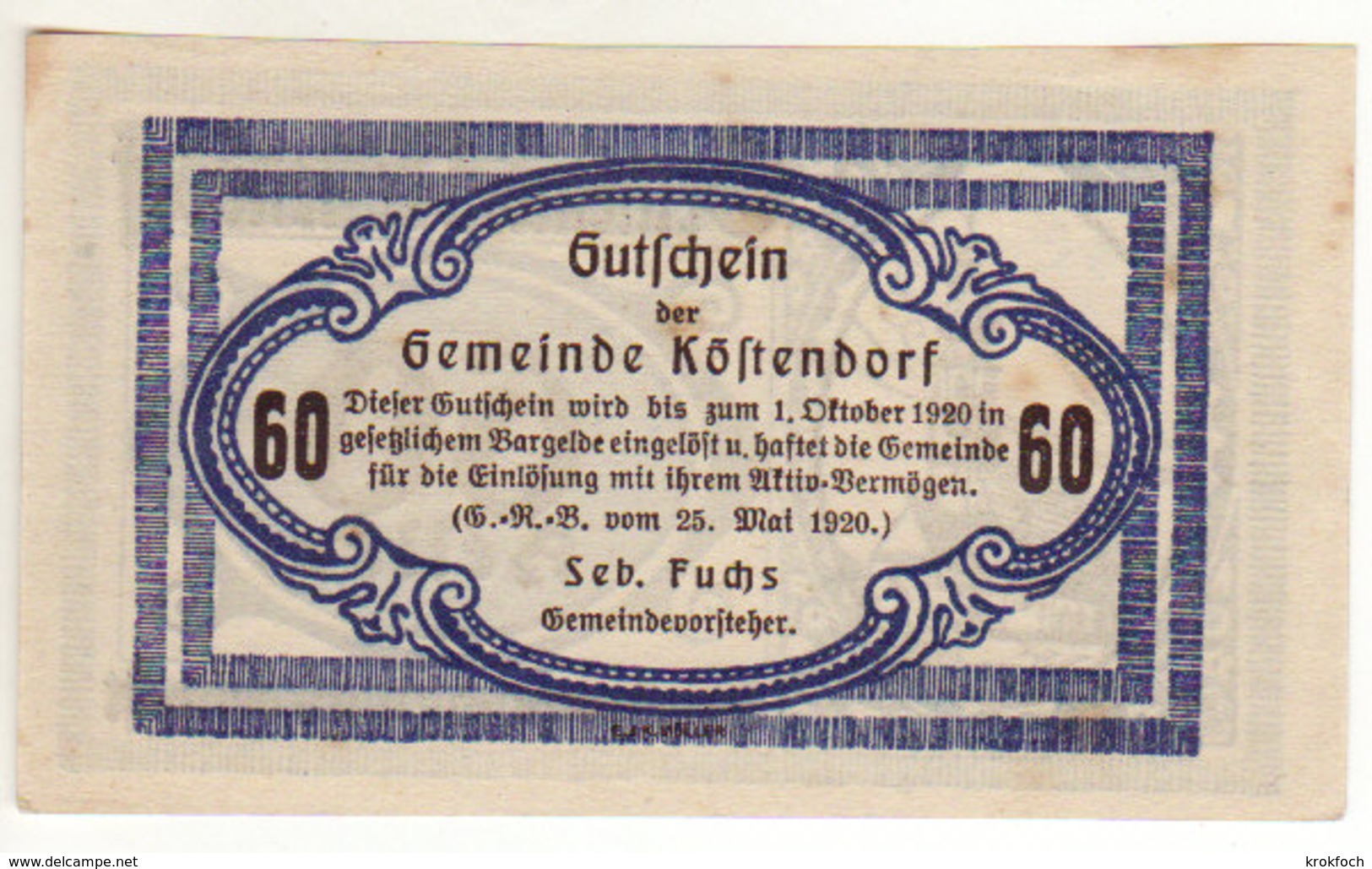 Gutschein Kostendorf 1920 - 60 Heller - 2 Scans Recto-verso - Oesterreich