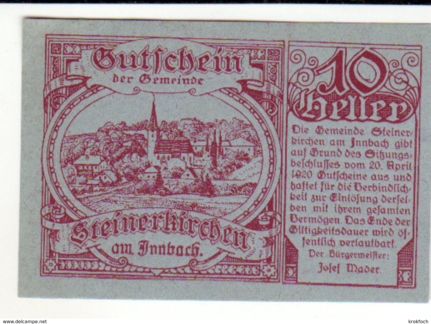 Gutschein Steinerkirchen 1920 - 10 Heller - 2 Scans Recto-verso - Oesterreich