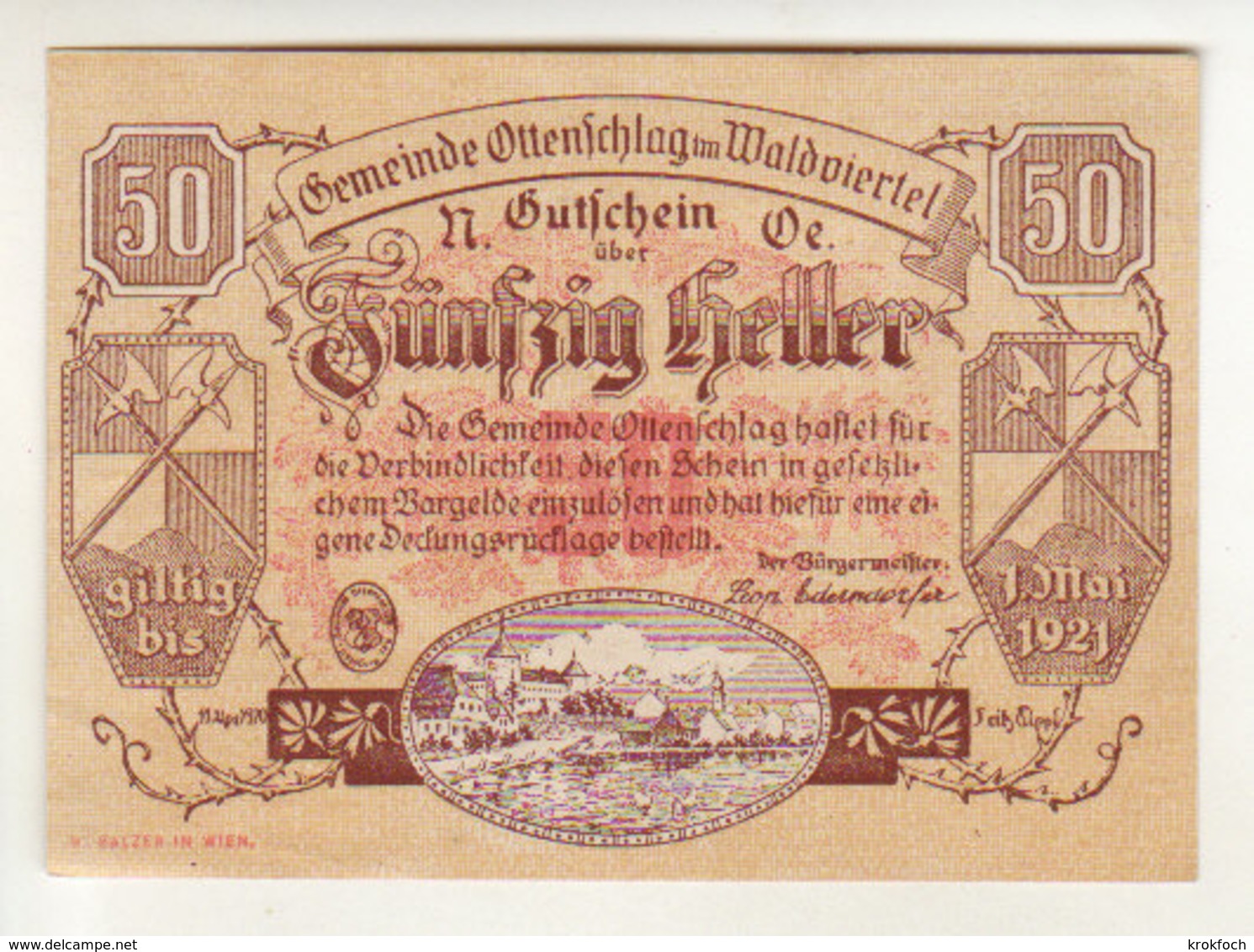 Gutschein Ottenschlag 1921 - 50 Heller - 2 Scans Recto-verso - Oesterreich