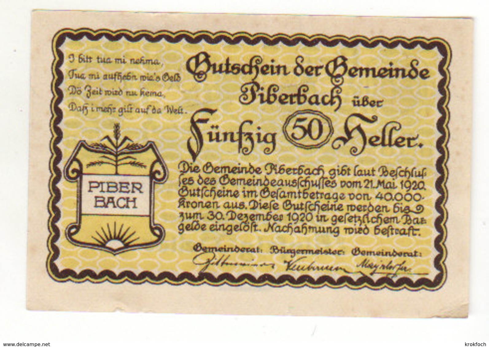 Gutschein Piperbach 1920 - 50 Heller - 2 Scans Recto-verso - Oesterreich