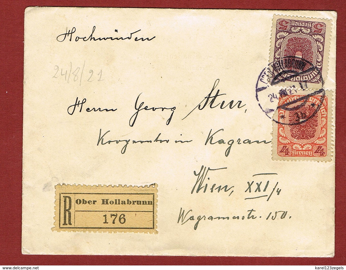 Brief Reco Ober-Hollabrunn - Wien Porto 9 Kronen 1921;  2 Scan - Briefe U. Dokumente