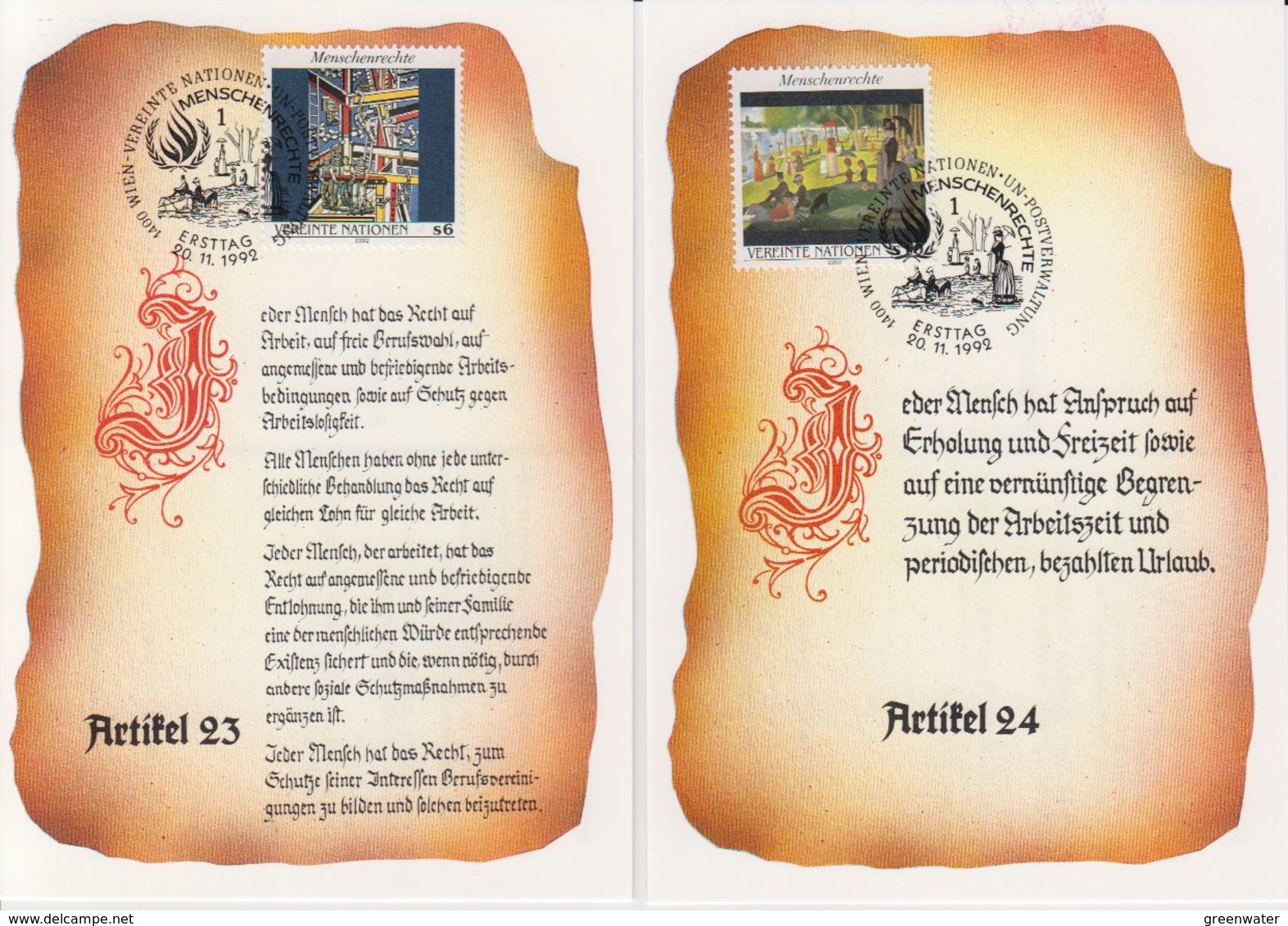 UNO Vienna 1992 Human Rights 2 Maxicards (40155) - Cartes-maximum