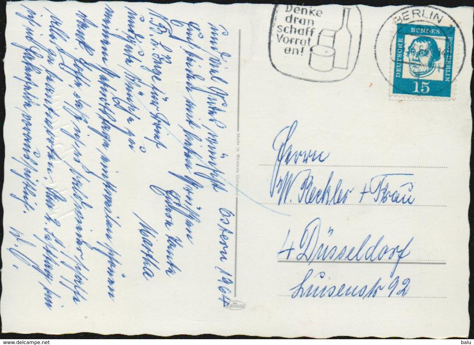 Berlin 1960 Michel 203 Einzelfrankatur Auf Karte "Frohe Ostern". 1964 Nach Düsseldorf. 2 Scans - Briefe U. Dokumente