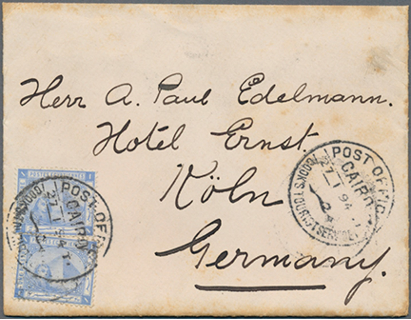 Beleg 1894, 2x 1 Pia. A. Kl. Brief (leicht Randfleckig) Mit Selt. Stempel "Cook's Touristservice" Von Cairo N. Köln (Mic - Sonstige & Ohne Zuordnung