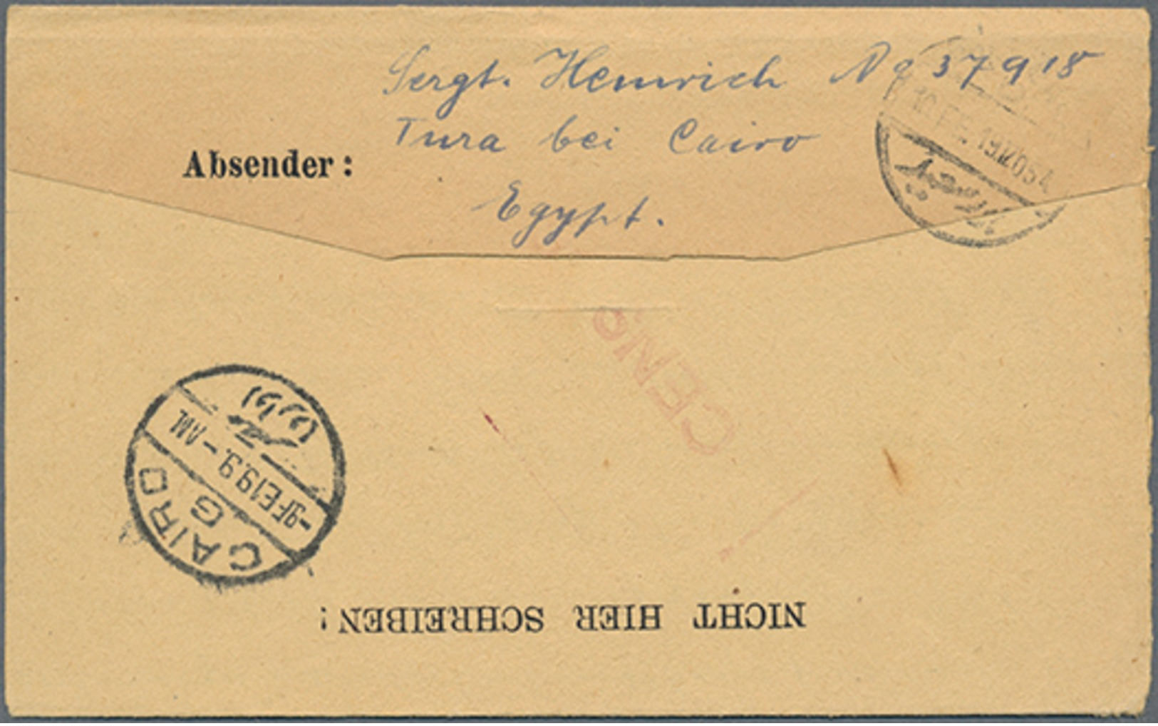 Beleg 1919, Zensur-Kriegsgefangenenbrief Aus Dem Lager Tura Bei Cairo Nach Dar-es-Salam Mit Zettel "weiter Nach Würzburg - Sonstige & Ohne Zuordnung