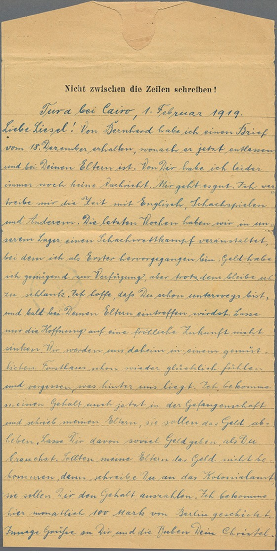 Beleg 1919, Zensur-Kriegsgefangenenbrief Aus Dem Lager Tura Bei Cairo Nach Dar-es-Salam Mit Zettel "weiter Nach Würzburg - Autres & Non Classés