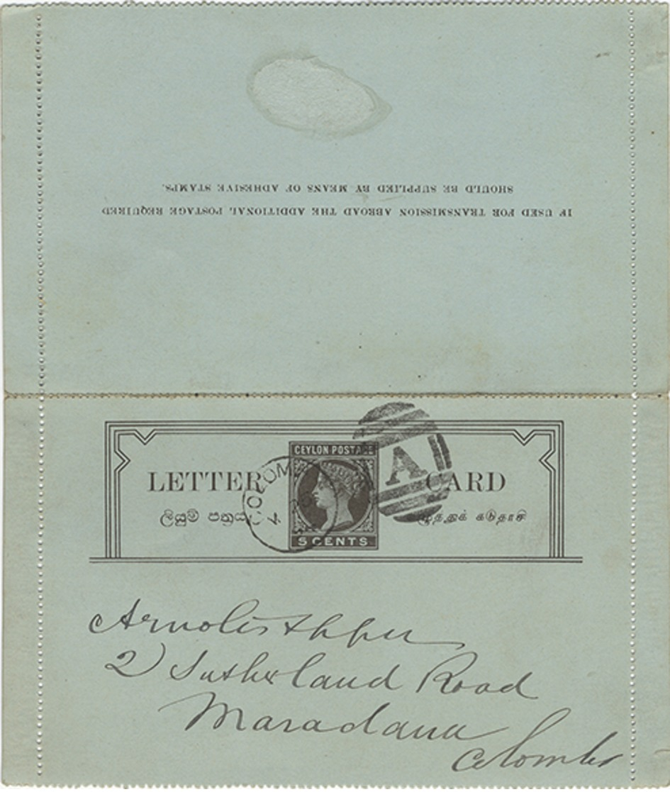 Beleg 1893/95, 2 Verschiedene GA-Kartenbriefe 5 C. Violett,weiß U. 5 C. Schwarzbraun,hellblau Von Colombo Nach Maradana  - Sonstige & Ohne Zuordnung